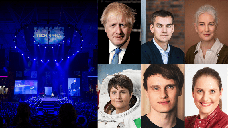 Speakers at Techarena 2026 in Sweden including names such as Boris Johnson, former UK Prime Minister and Samantha Cristoforetti, ESA Astronaut.