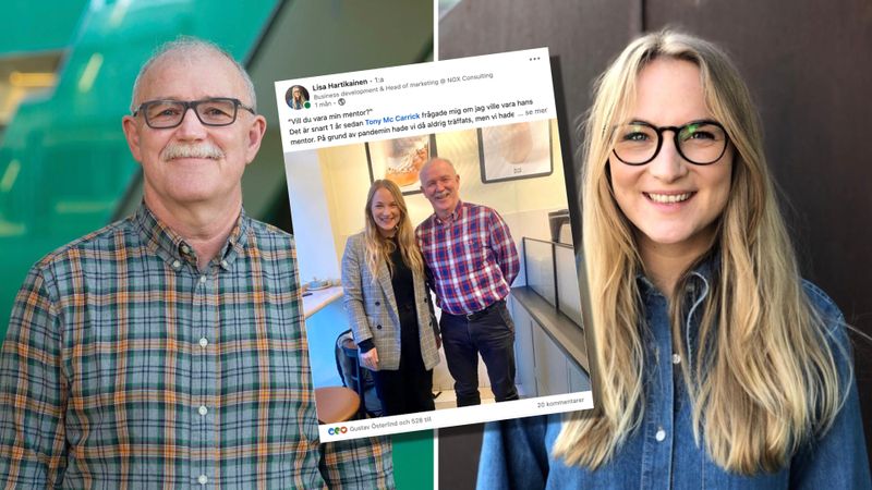 Tony McCarrick, 61, och hans mentor Lisa Hartikainen, 31, vars inlägg på Linkedin har setts av närmare 50 000. Foto: Privat.