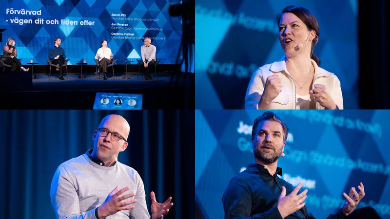 Förvärvspanelen vid Entrepreneur's Convention: Caroline Fjellner, &Frankly förvärvad av Simployer, Jon Persson, Cygni förvärvad av Accenture och Jacob Pihl, All Rise förvärvat av Knowit. Foto: Tommy Fondelius.